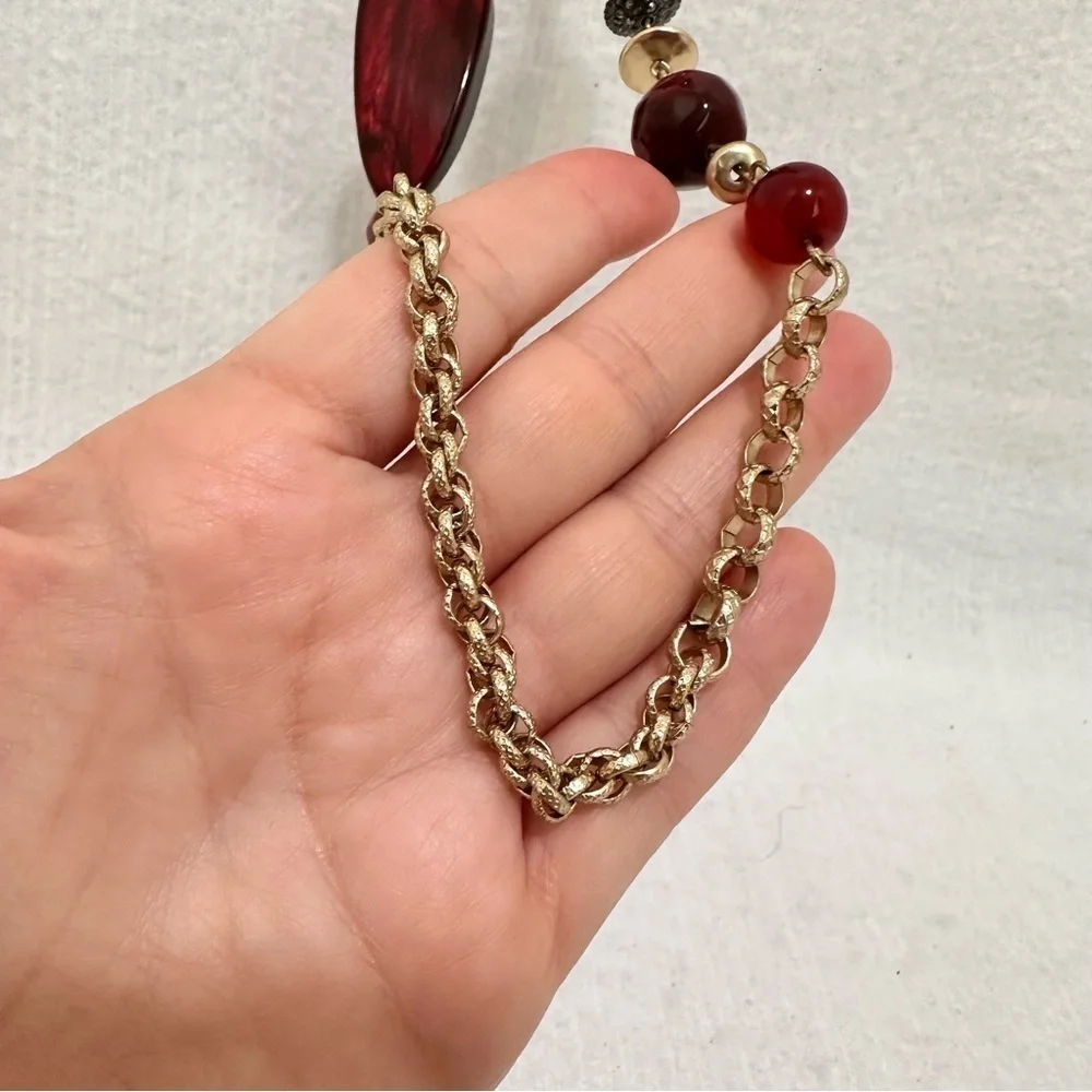 New Chicos gold tone long necklace with chunky ruby red beads, adjustable length